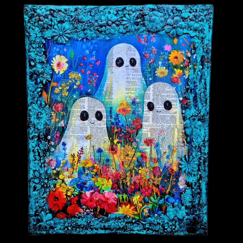 Ghosts In Wildflower Field Large 16x20 Canvas Mixed Media Art Creepy Cute Decor